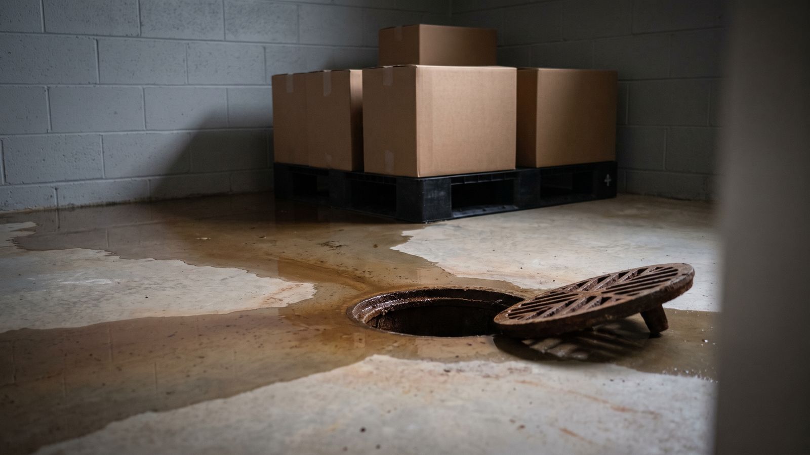 Open cast iron basement floor drain with its grate tipped aside, brown sewer backup water spreading across the slab.