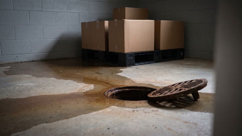 Open cast iron basement floor drain with its grate tipped aside, brown sewer backup water spreading across the slab.