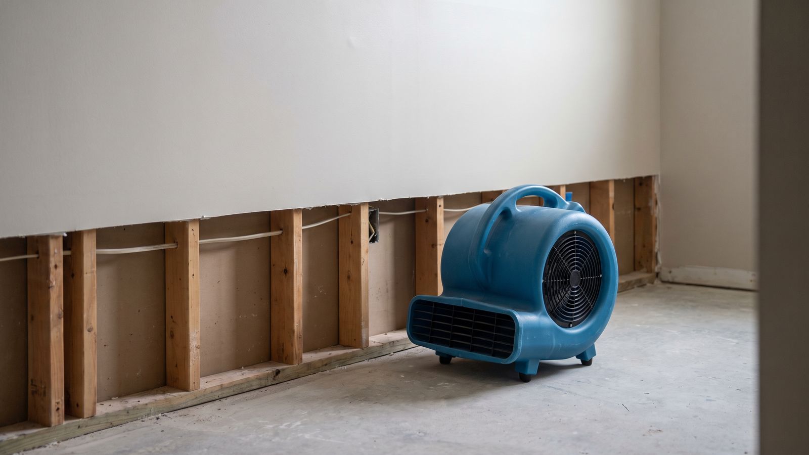 Blue centrifugal air mover beside a flood-cut wall opened after signs of hidden water damage