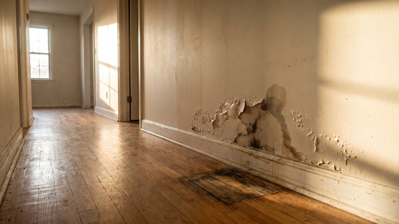Blistered paint and brown staining above a hallway baseboard, classic signs of hidden water damage