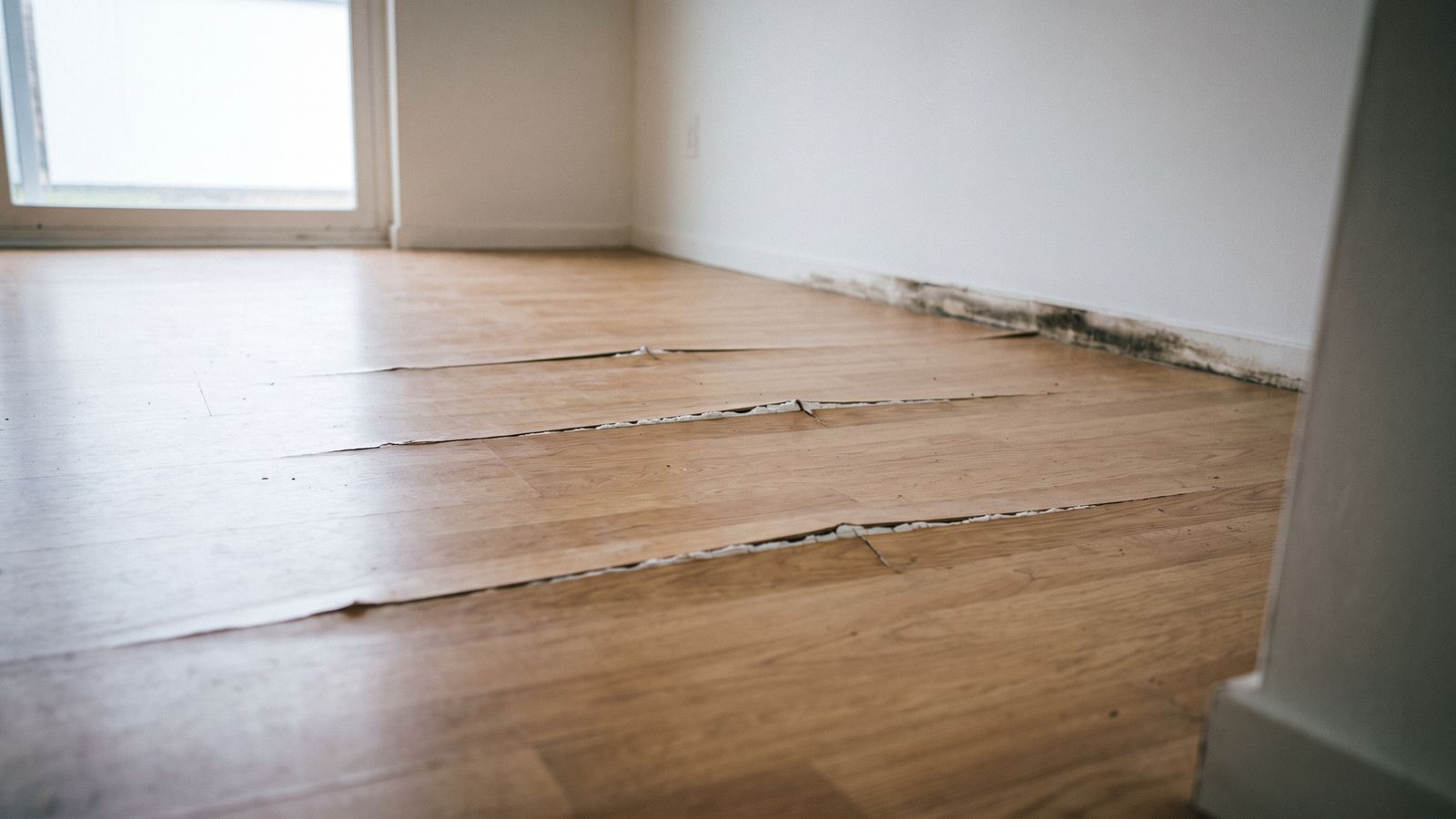 Wood-look plank floor swollen and peaked along three seams, among the signs of hidden water damage