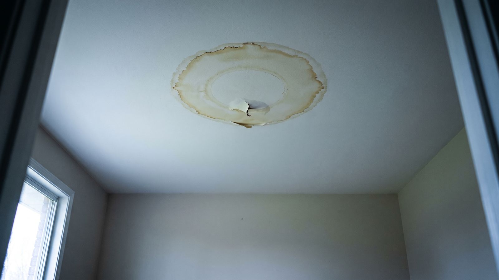 Yellow-brown ring stain on a bedroom ceiling, one of the clearest signs of hidden water damage