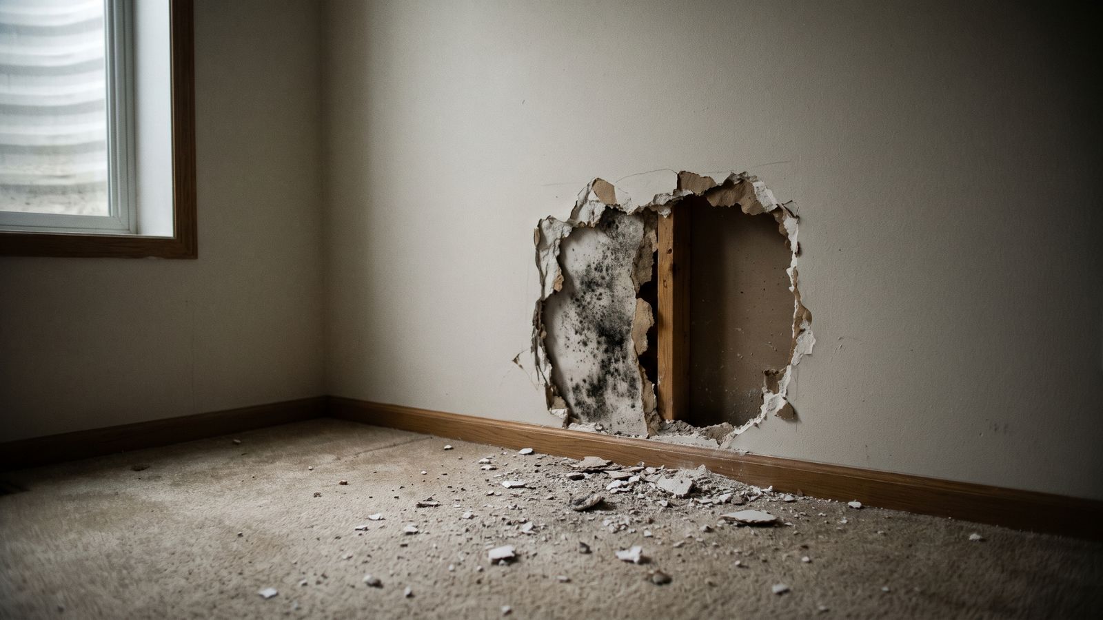 Drywall torn open above the baseboard, gray-black growth on the board's hidden face: hidden mold behind walls