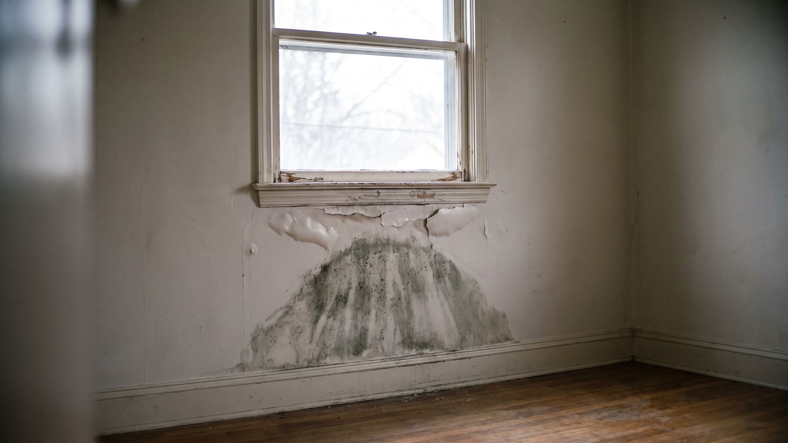 Gray-green bloom fanning down painted drywall under a stained window sill, surface evidence of mold behind walls