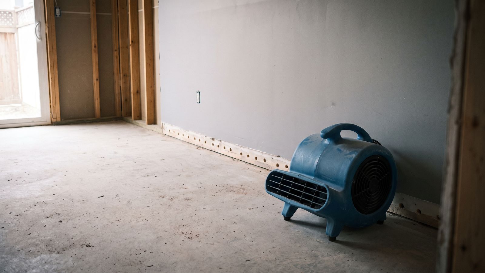 Blue air mover on bare concrete beside drilled holes in a stripped wall base, after signs of water damage behind walls.