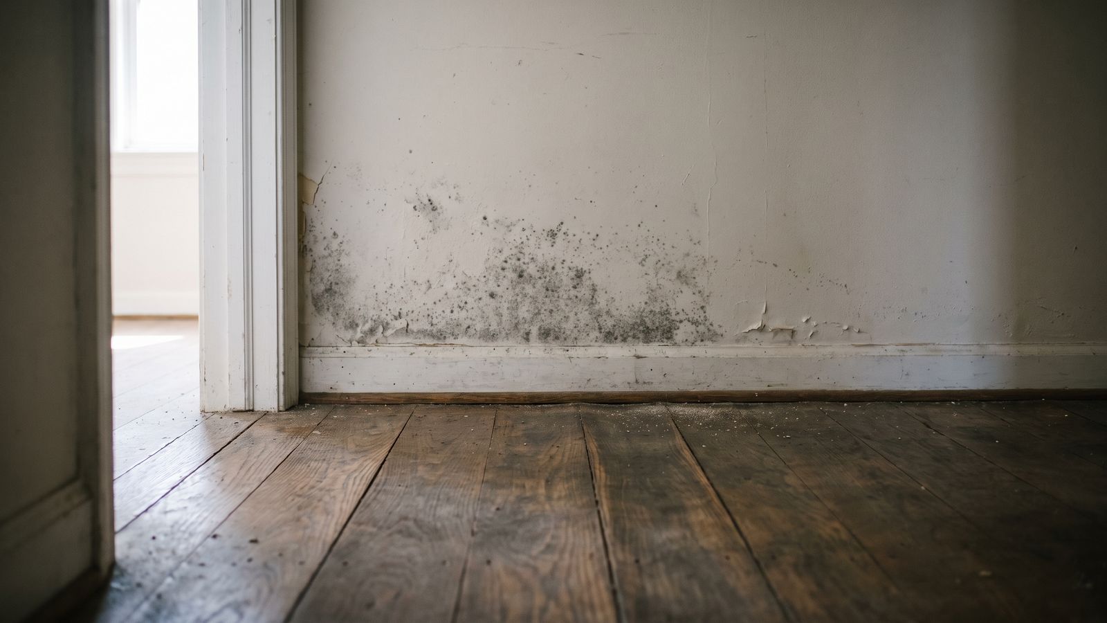 Gray-black speckled bloom and peeling paint low on a hallway wall, telltale signs of water damage behind walls.