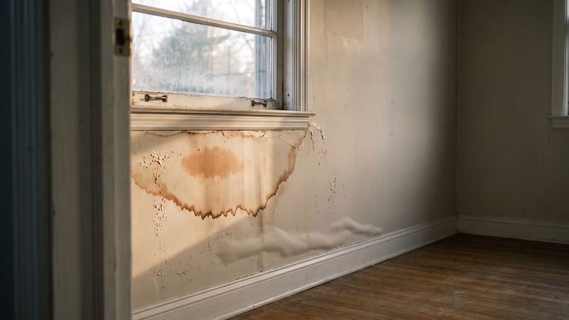 Brown stain ring and blistering paint below a window, classic signs of water damage behind walls.