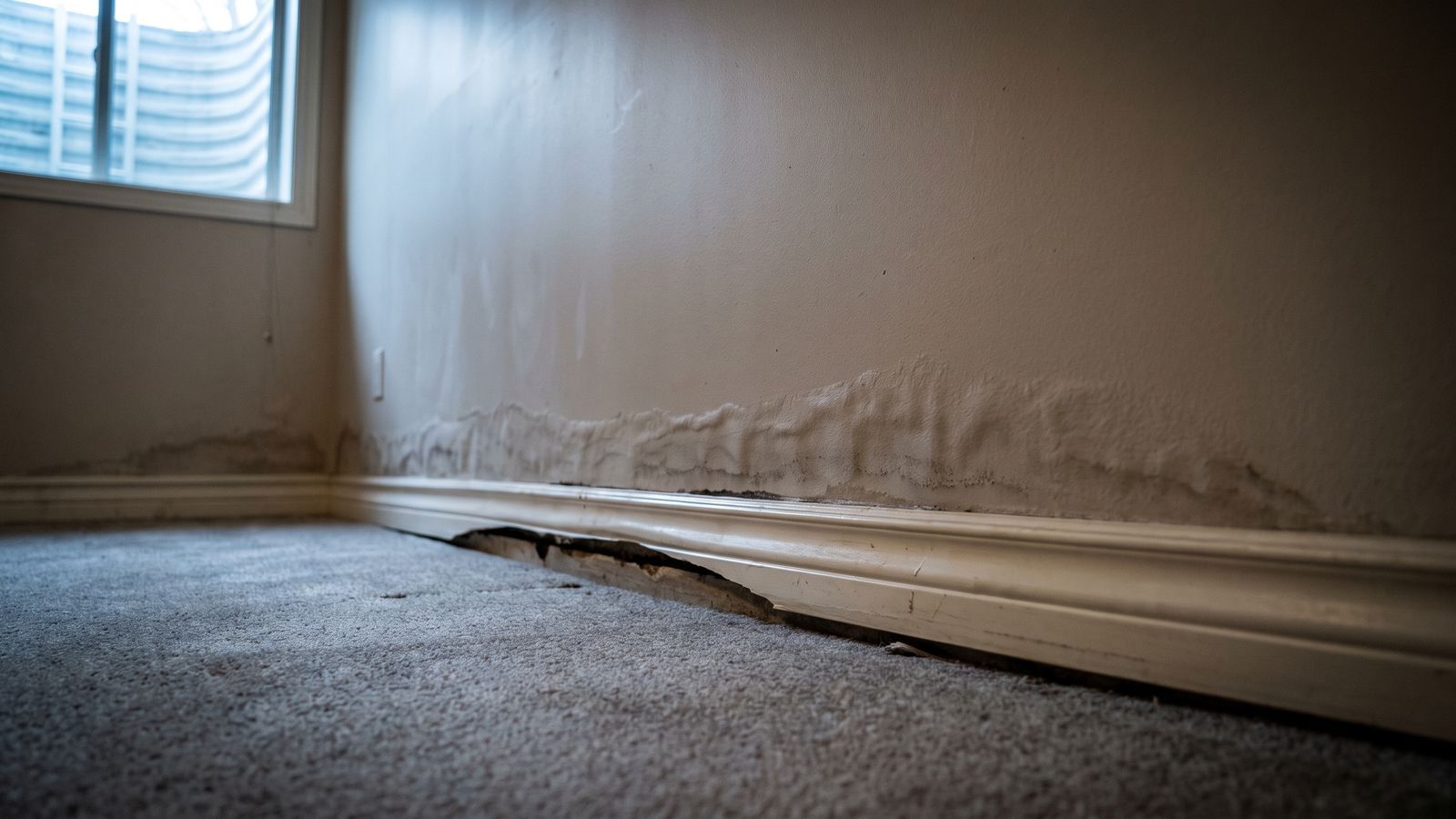 Swollen baseboard pulled away from a damp blistered lower wall over carpet, signs of water damage behind walls.