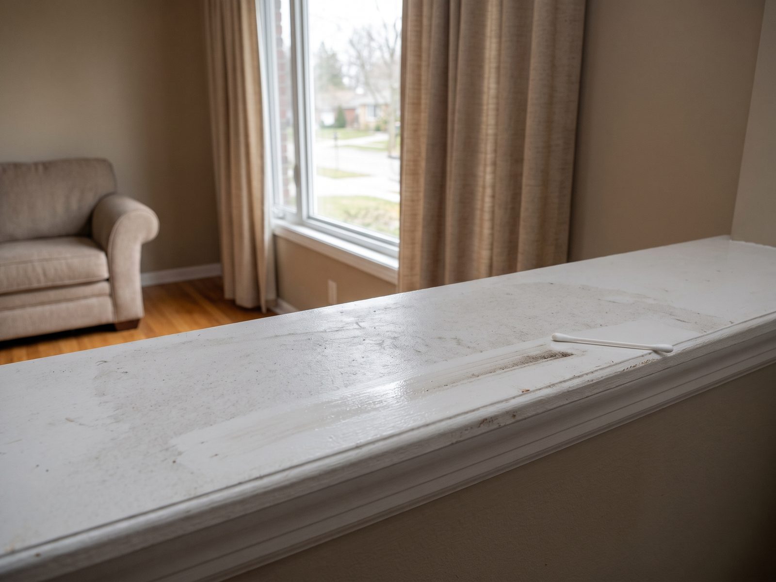 Faint gray smoke film on a white windowsill in an otherwise undamaged living room beside a cleaning swab.