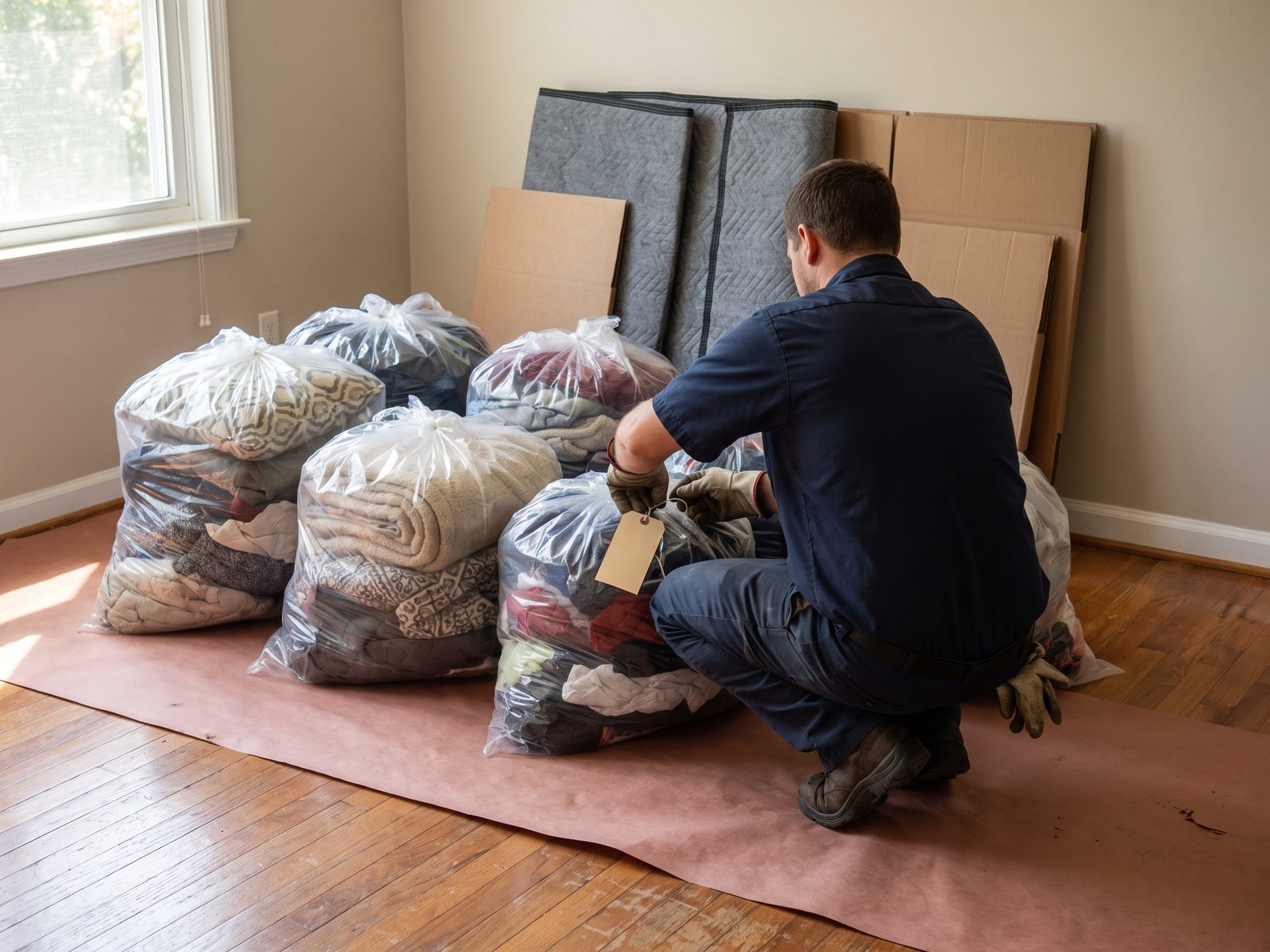 Soft furnishings and clothing bagged and labeled for pack-out on a paper-protected floor as a technician tags an item.