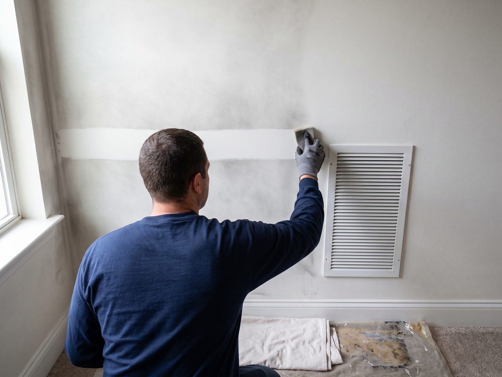 A soot sponge stroke leaves one clean stripe through gray smoke film on a white wall beside a wall-mounted return air grille.