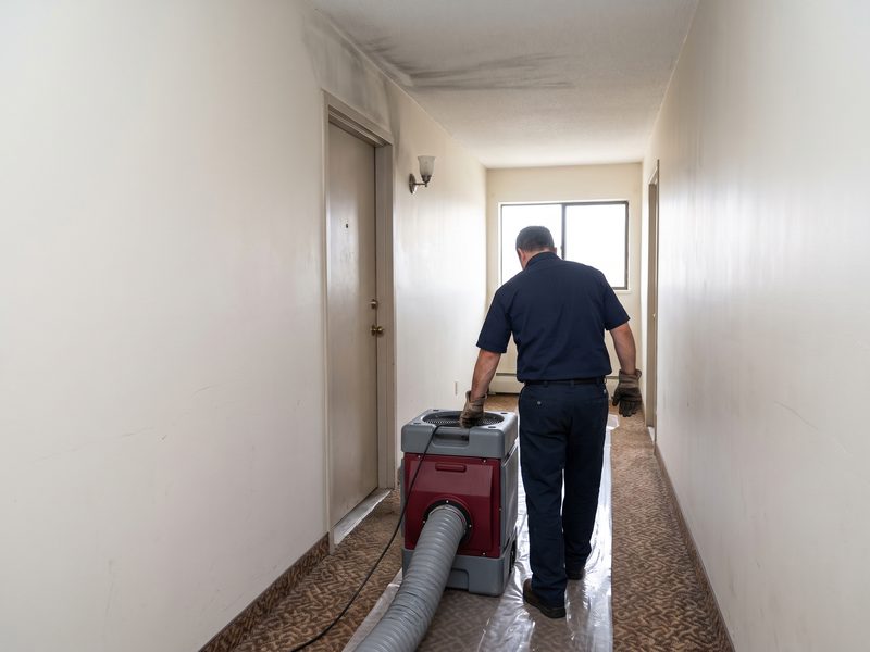Smoke shadowing on a corridor ceiling above one doorway with a plastic runner laid and an air scrubber set at the far end.