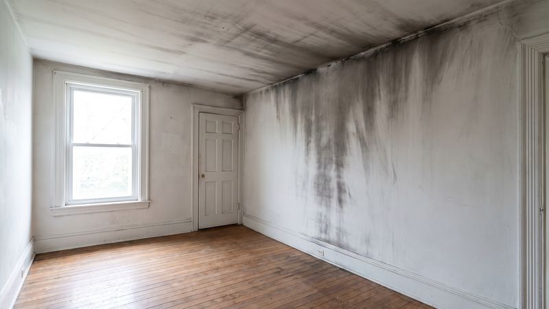 Smoke damage staining the ceiling and shared party wall of an empty townhouse bedroom with bare wood floors.