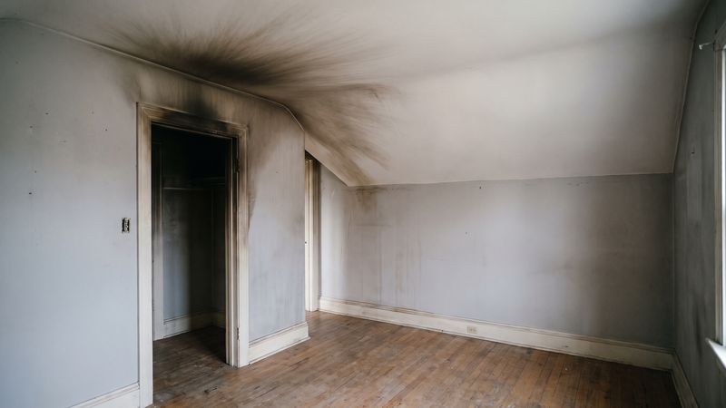Soot plume fanned across the ceiling above a doorway in an emptied room, the residue smoke odor removal targets