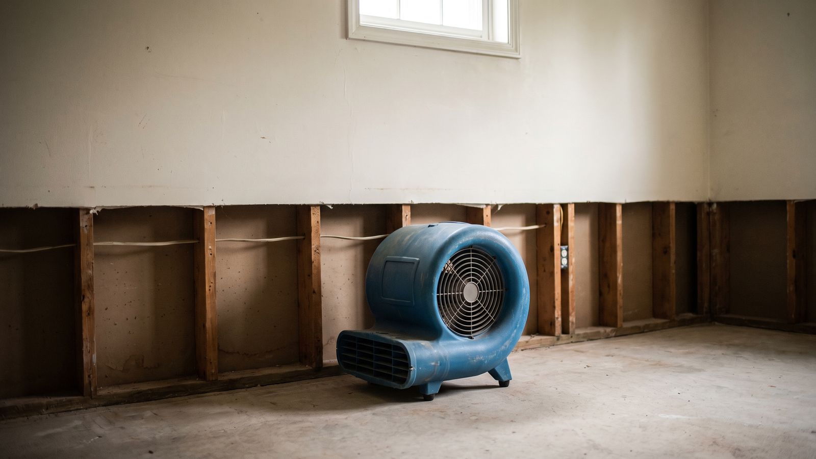 Air mover and flood cut in a stripped basement Blue centrifugal air mover on a bare slab beside a flood cut, the drying step that follows standing water removal