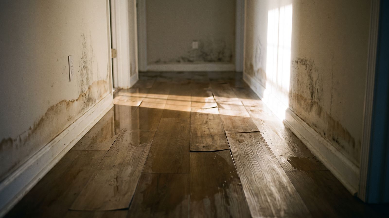 Plank floor lifting and drywall mottled after standing water Plank flooring lifting at the joints after standing water, with a brown tide line and dark mottling on the hallway drywall