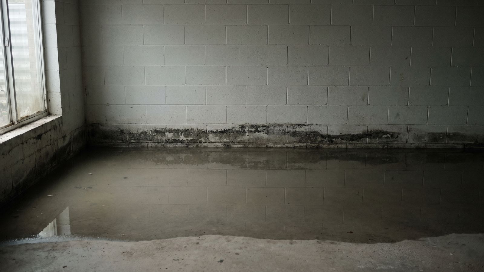 Murky standing water on a bare basement slab Murky standing water covering a concrete basement slab, with a dark scum line along the bottom course of block