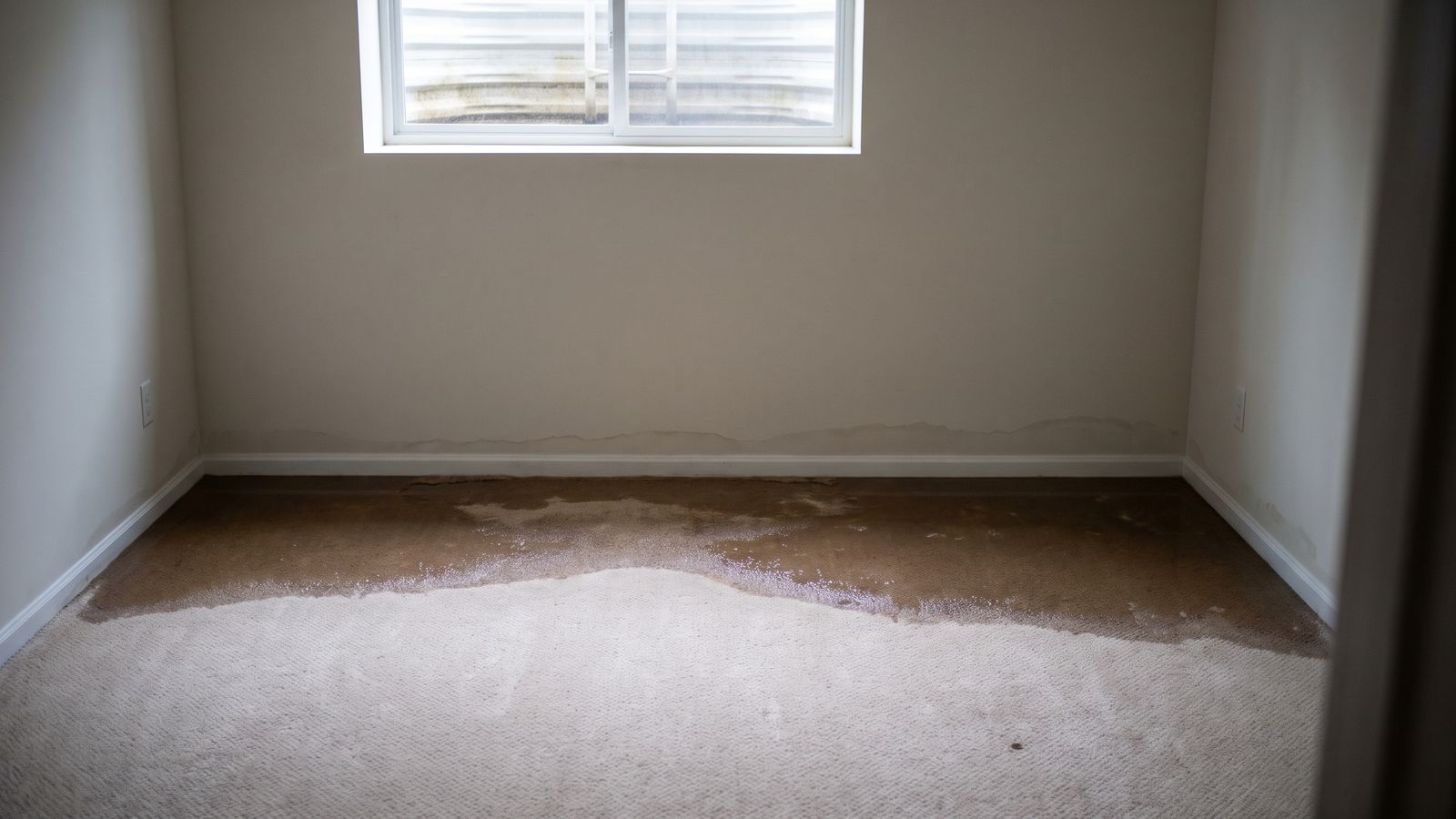 Standing water spreading across a soaked basement carpet Standing water spread across soaked wall-to-wall carpet in an empty basement, with a tide line on the drywall above