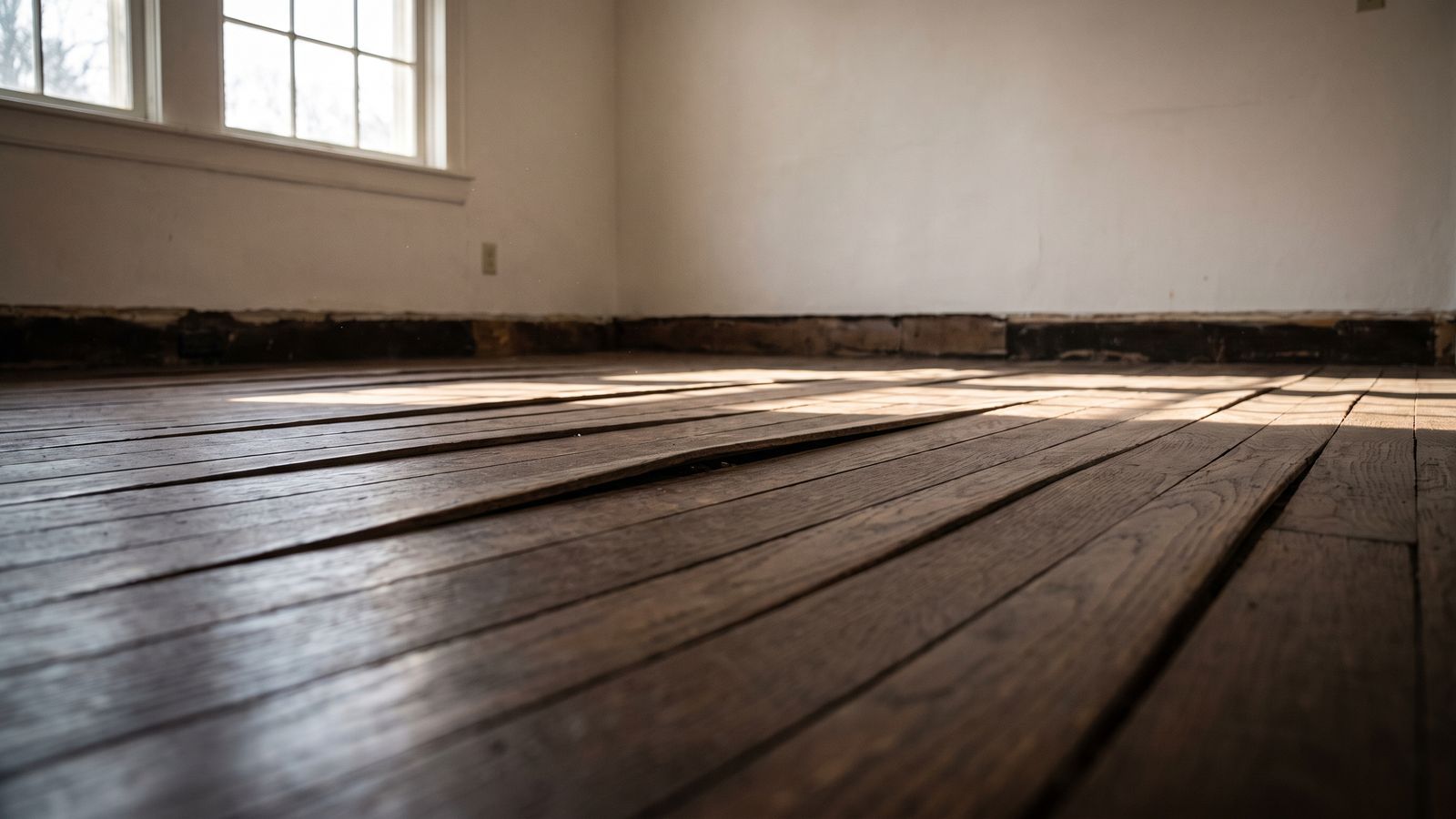 Cupped and lifted hardwood floor planks in raking daylight, the base trim removed for storm damage restoration