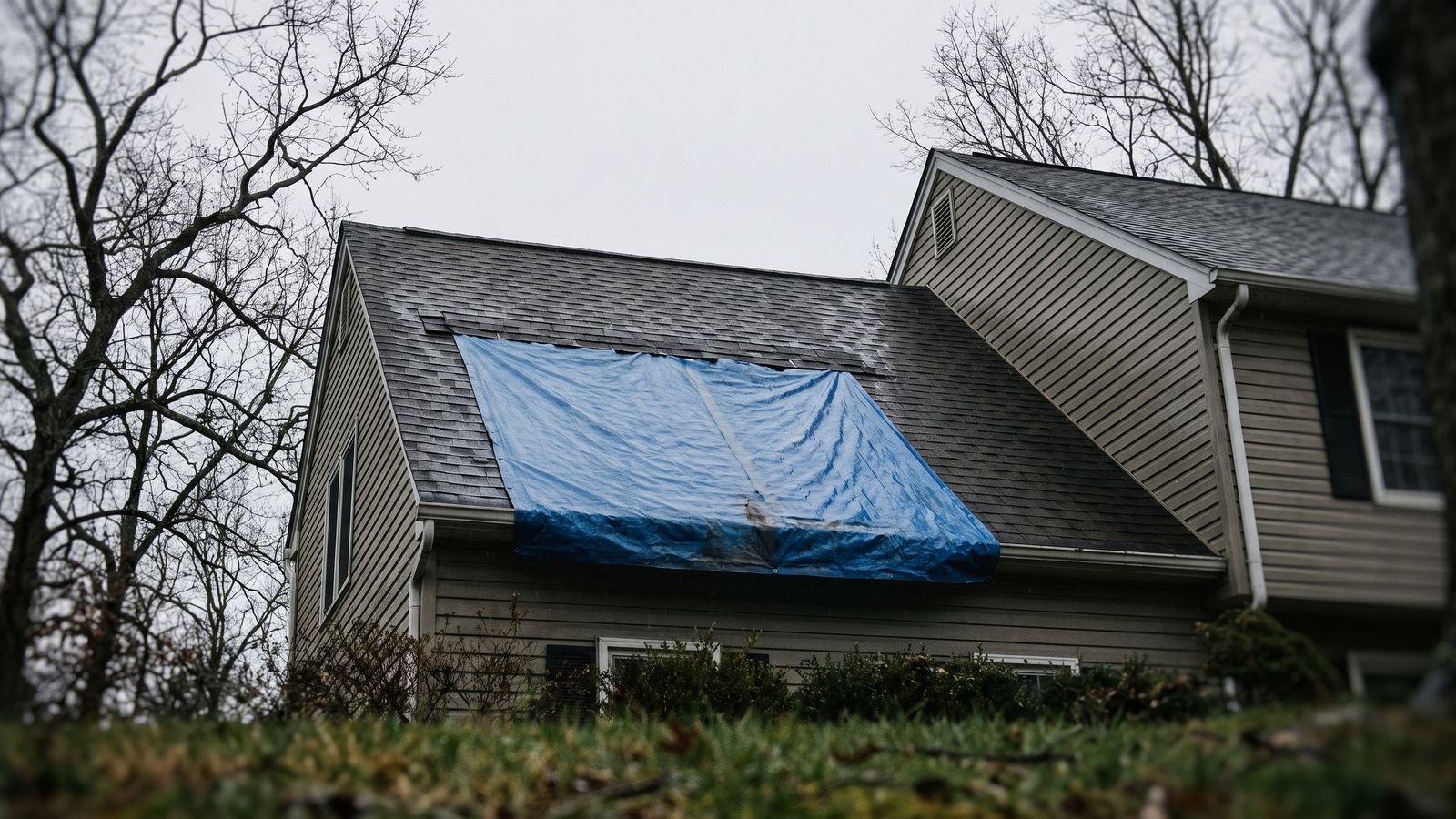 Blue emergency tarp over a storm-damaged shingle roof slope, the first step of storm damage restoration