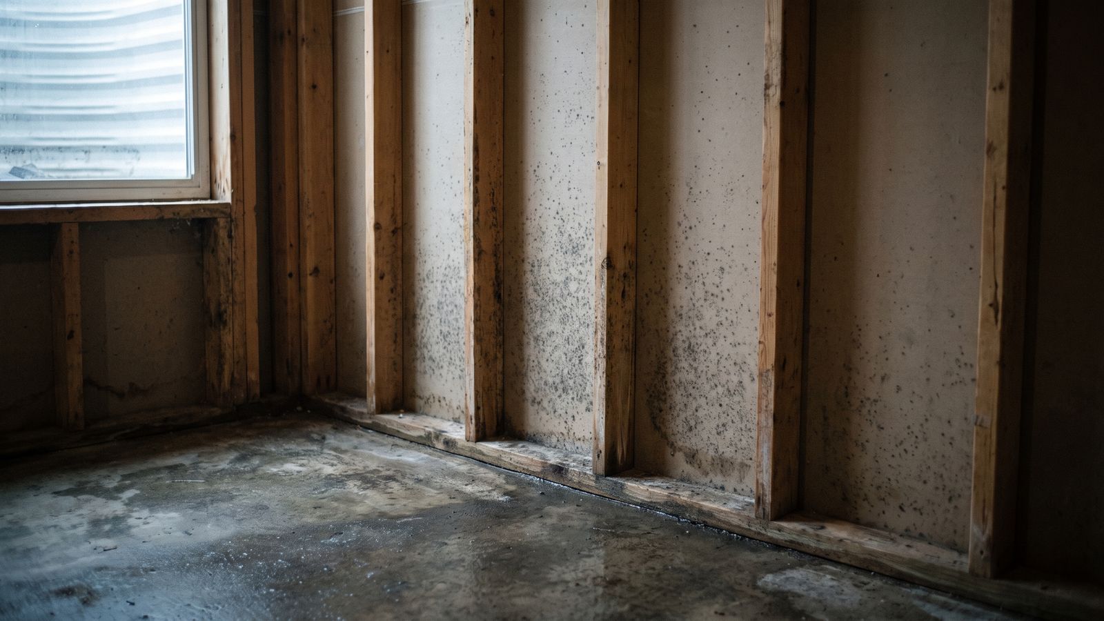 Mold speckling across a stripped basement wall and bottom plate above a damp slab when storm damage restoration is delayed