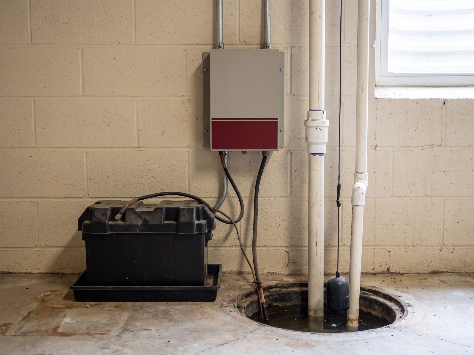 Battery backup sump installed beside the primary pump Battery backup sump unit mounted beside a primary pump with a sealed battery in a tray and a secondary discharge line.