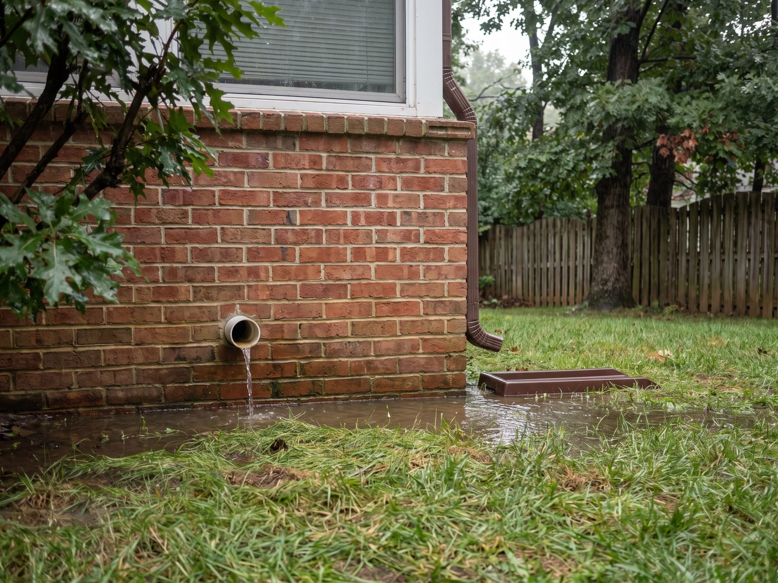 Sump discharge pooling against a suburban foundation Sump discharge outlet spilling onto saturated lawn close to a house foundation with water pooled against the wall.