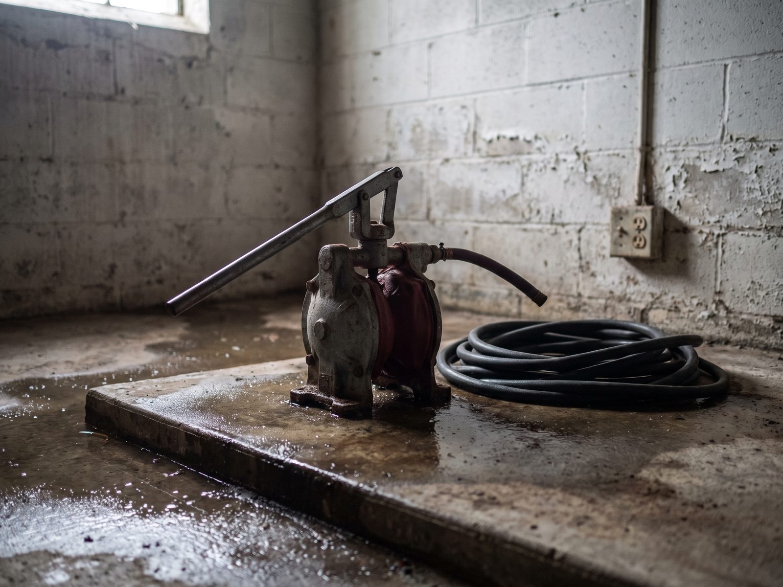 Hand pump staged on a damp basement slab Hand-operated diaphragm pump and a coiled hose on a damp basement slab next to an unlit outlet.