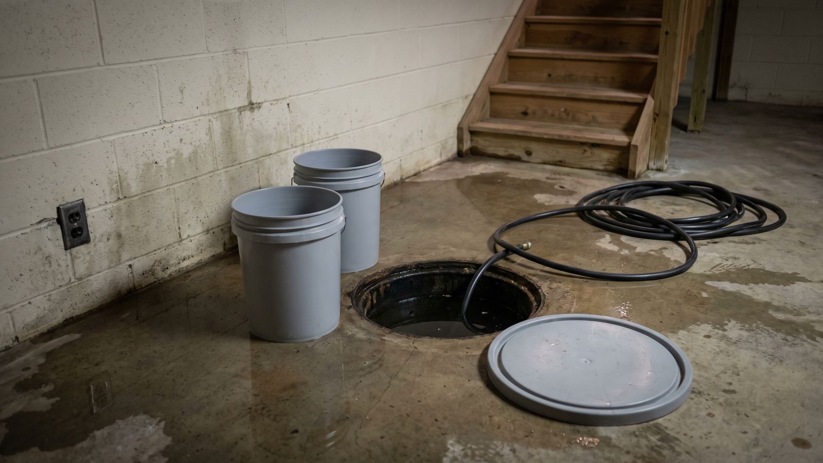 Buckets and hose staged beside an open sump pit Two empty buckets and a coiled hose beside an open sump pit, pit lid flat on the wet slab of a basement with no power.