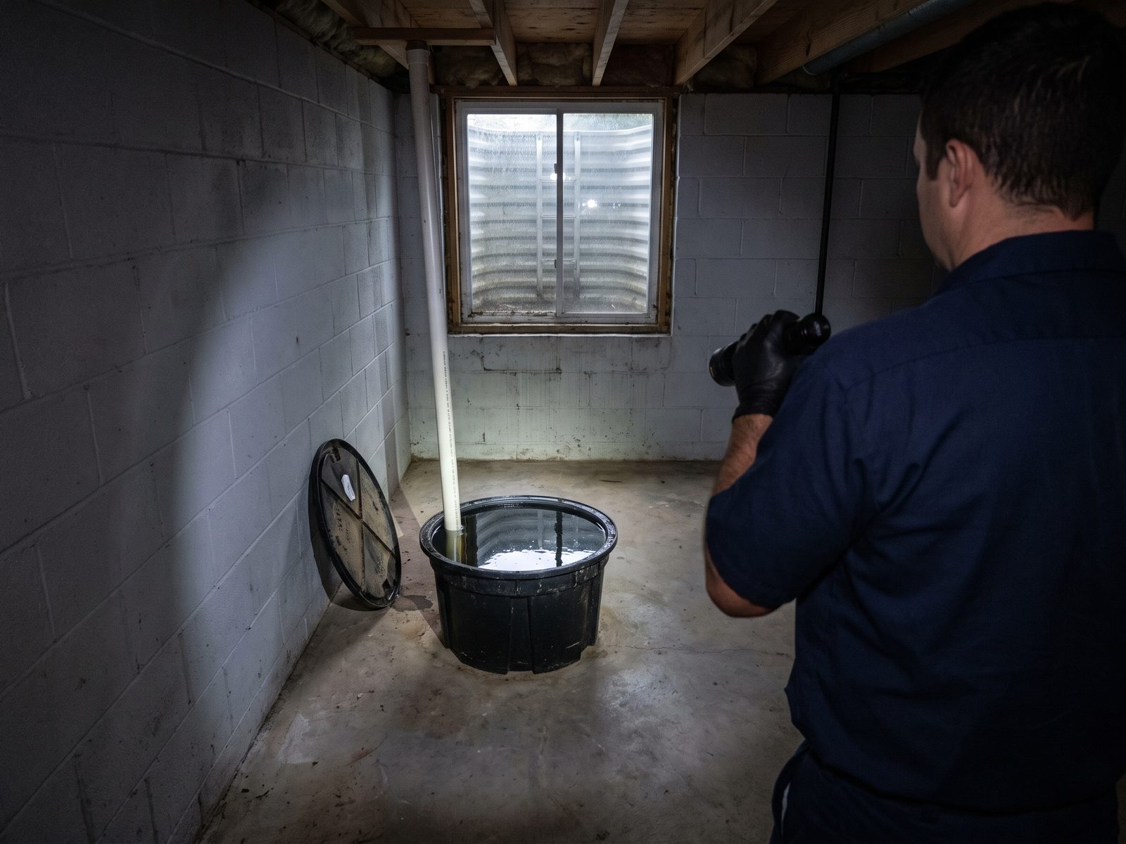 Sump pit with the lid off and water high in the basin, its discharge pipe dry, lit by a flashlight in a dark basement during a storm.