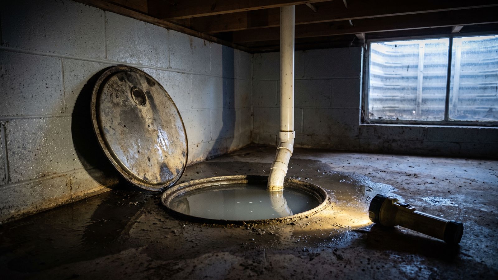 Open sump pit brimming with gray water after the pump quit mid-storm, discharge pipe dry, flashlight on a dark basement slab.