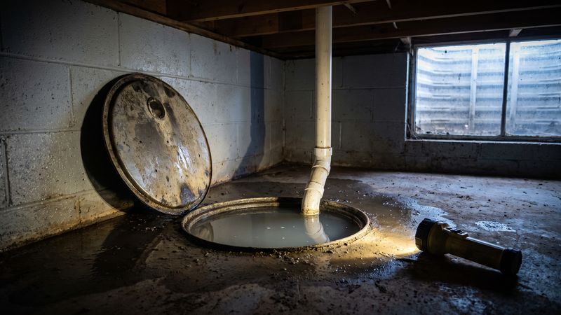 Open sump pit brimming with gray water after the pump quit mid-storm, discharge pipe dry, flashlight on a dark basement slab.