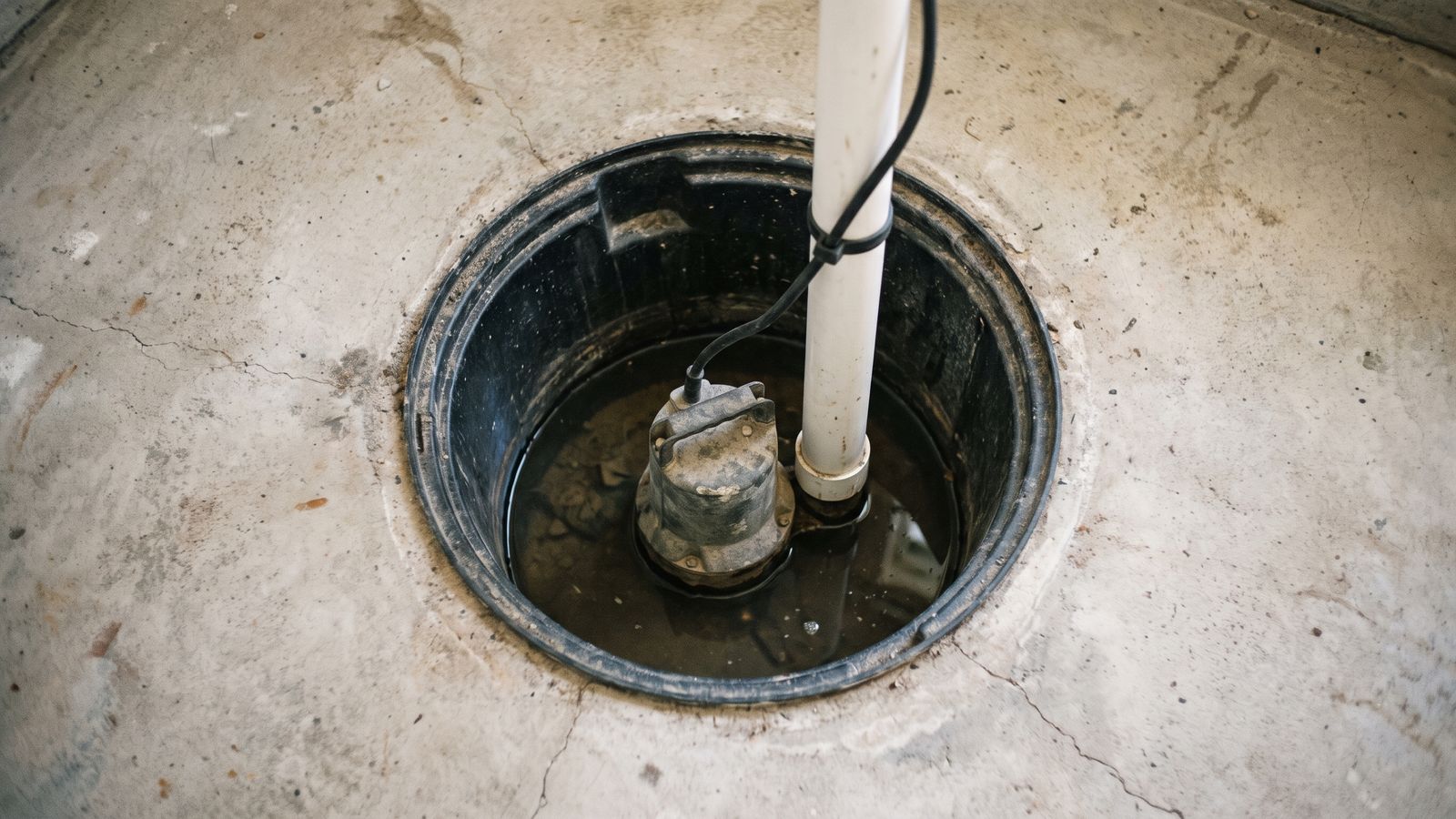 Submersible sump pump in a water-filled basin Submersible sump pump standing in a water-filled basin, the component that quits in a sump pump failure