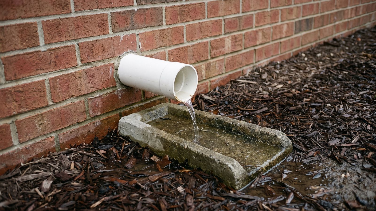 Sump discharge running onto a splash block Sump pump discharge pipe running clear water onto a concrete splash block outside a brick foundation wall