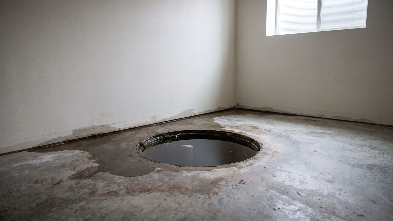 Open sump pit full of water on a wet basement slab Open sump pit brimming with dark groundwater on a wet basement slab after a sump pump failure