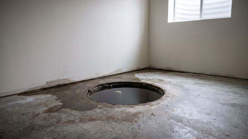 Open sump pit brimming with dark groundwater on a wet basement slab after a sump pump failure