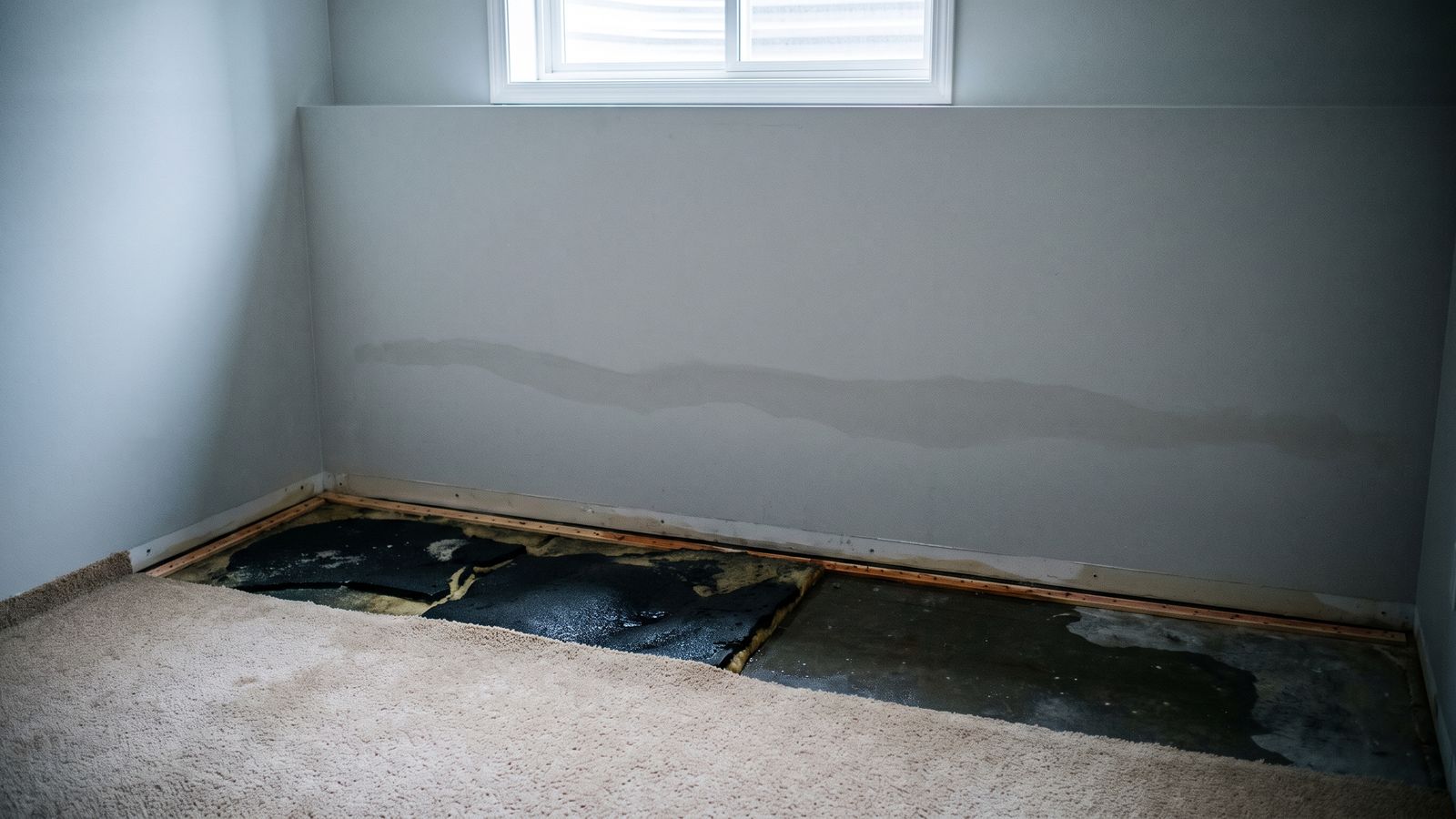 Carpet pulled back off soaked pad and a wet slab Carpet pulled back from soaked black pad and a wet slab, the flooring damage a sump pump failure leaves behind