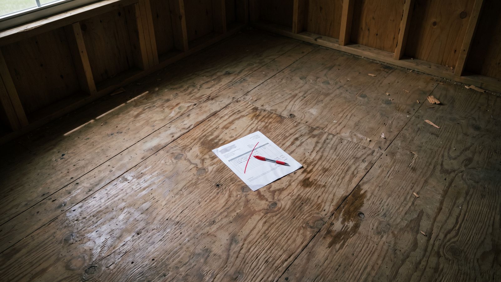 One struck line on an estimate page A struck-through estimate page and a red pen lying on a plywood subfloor in a stripped room.