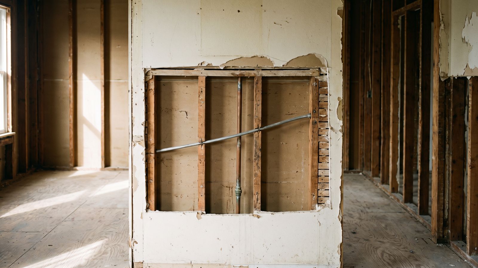 Two trades inside one opened wall An opened wall cavity in a wood-framed room where a copper line and a gray steel pipe cross three stud bays.