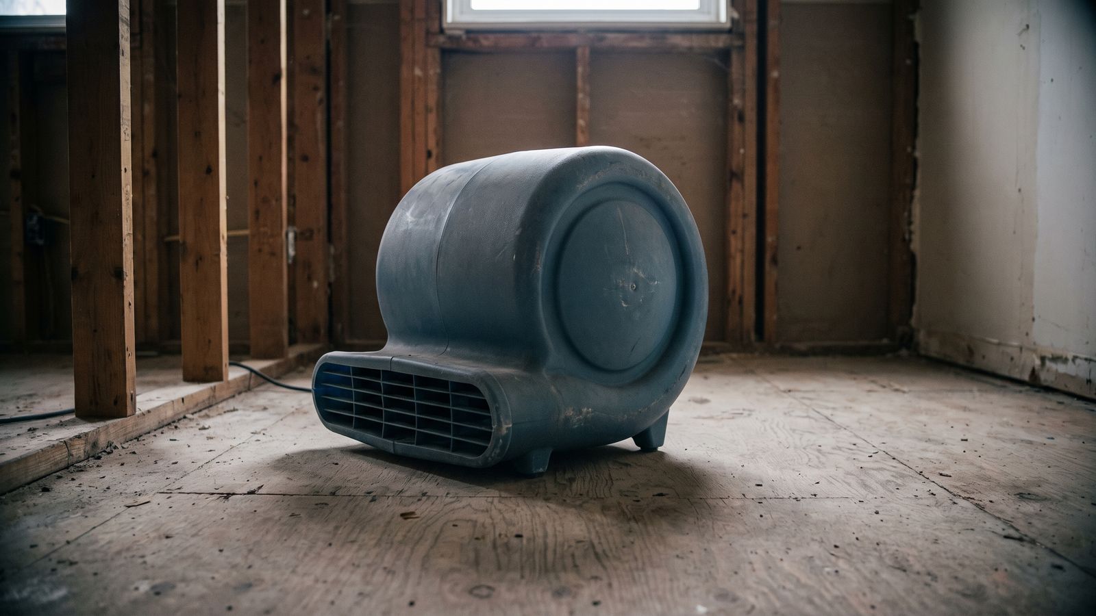 Air mover on a bare subfloor in a stripped room Blue-gray air mover set on the bare subfloor of a stripped room after toilet overflow water damage