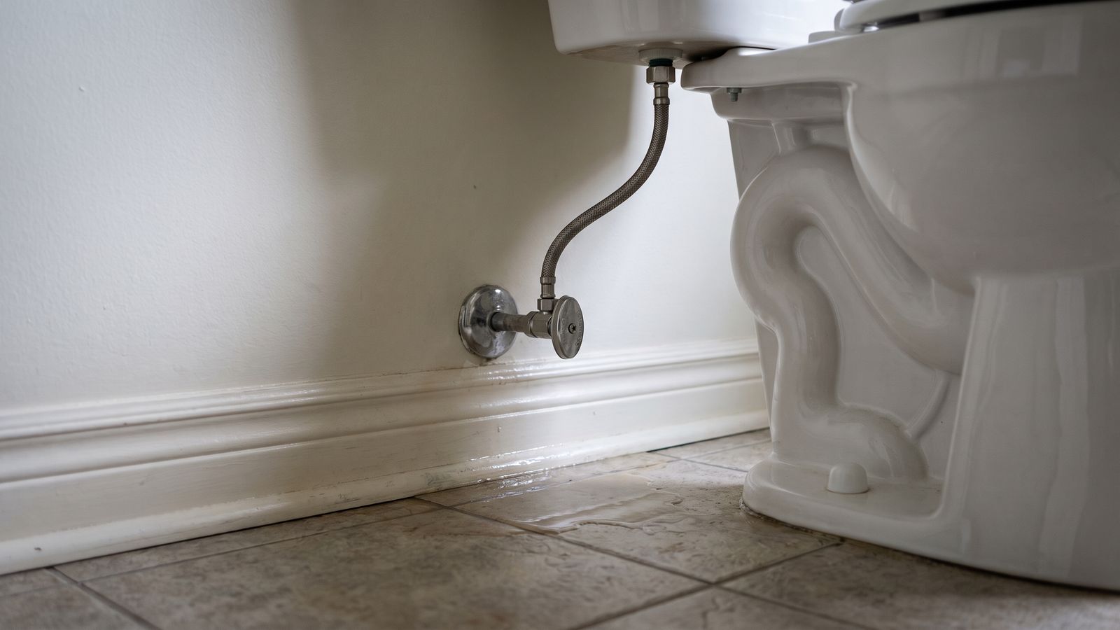Toilet shutoff valve above a wet tile floor Chrome toilet shutoff valve and braided supply line above a wet floor after toilet overflow water damage