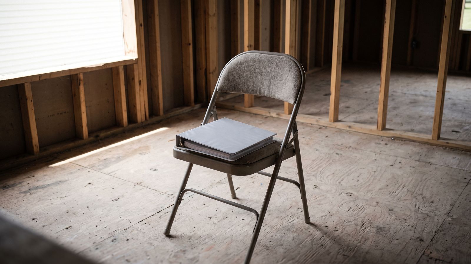 The file, assembled before anything is submitted A closed gray ring binder resting on the seat of a folding metal chair in an emptied wood-framed room.