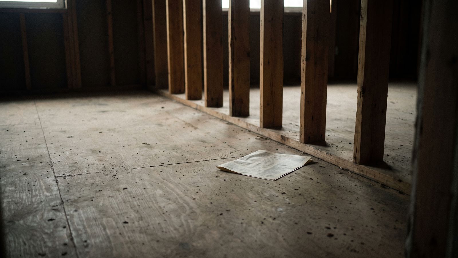One written request, kept A single unmarked printed letter lying on a debris-flecked plywood subfloor beside a row of stripped wall studs.