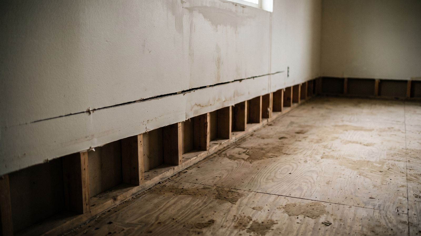 A flood cut, left open for drying A straight flood-cut line across drywall above a dust-covered plywood subfloor and an exposed bottom plate.