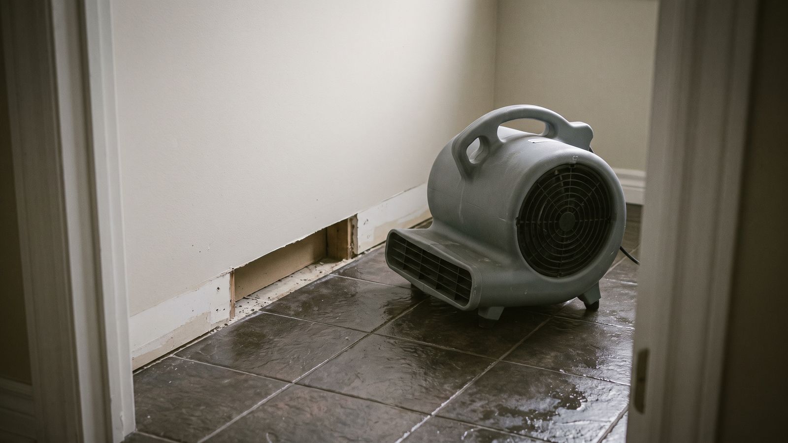 Air mover drying a laundry floor and wall base Air mover on wet tile beside an opened baseboard line, drying a room after washing machine overflow water damage