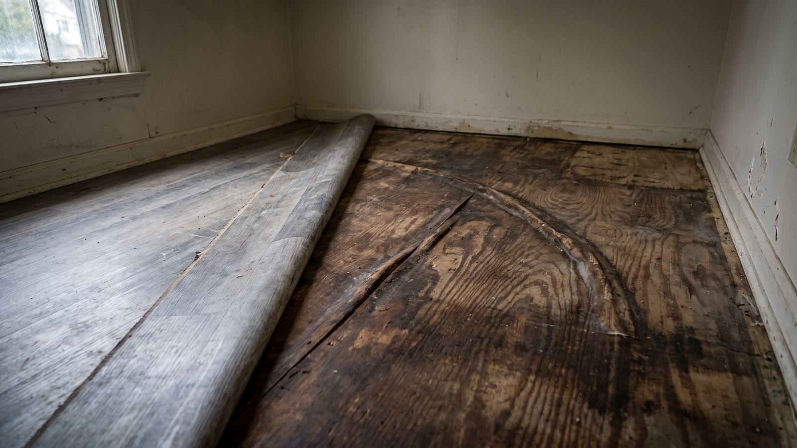 Swollen water-stained subfloor under lifted vinyl plank Vinyl plank rolled back off stained swollen plywood subfloor left by washing machine overflow water damage