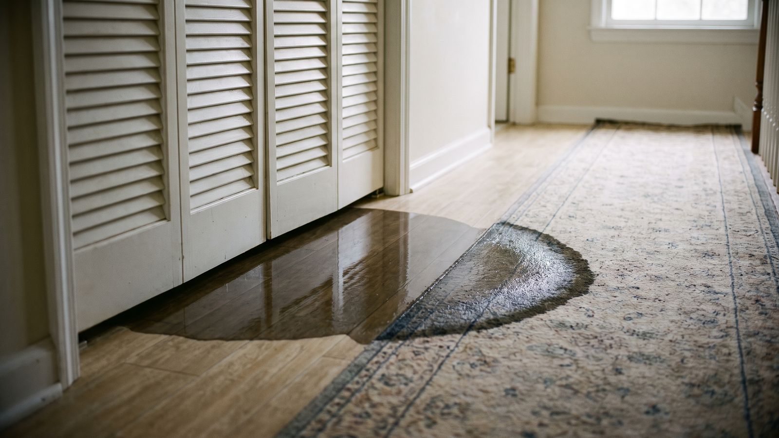 Water spreading from under the laundry door Water spreading from under a closed laundry door onto the hall floor and runner after washing machine overflow water damage