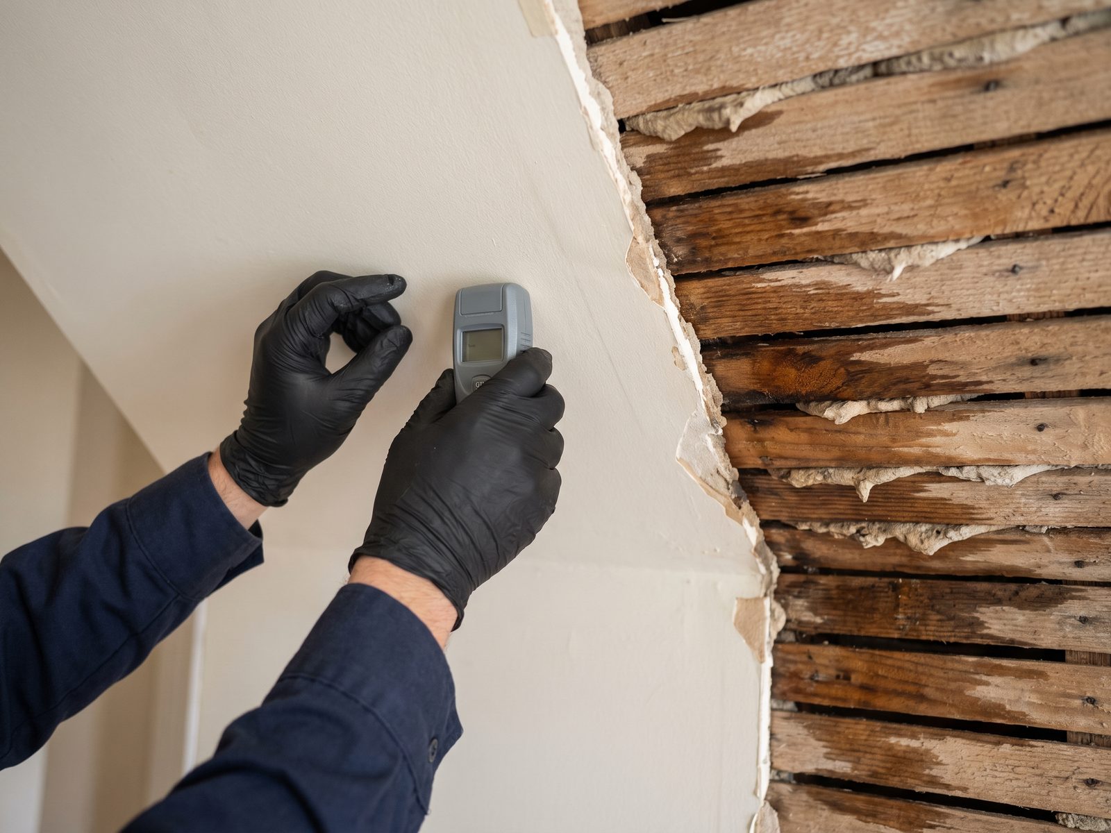 Metering damp plaster over wood lath Plaster broken away at an edge to expose darkened wood lath, with a pinless meter held against the plaster surface.