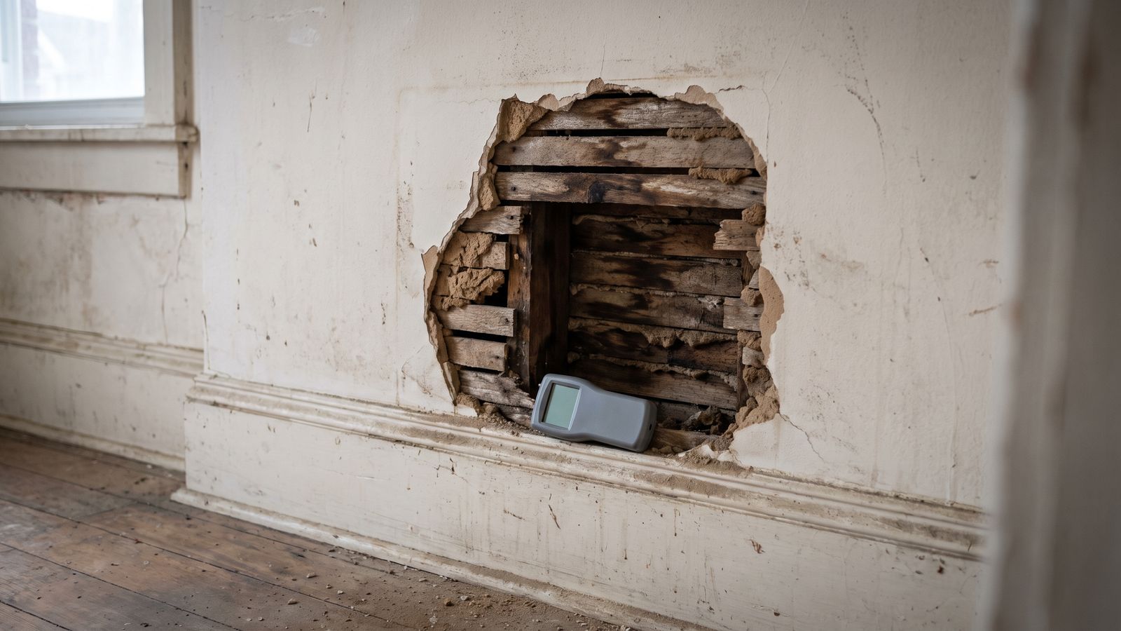 Plaster broken open above a baseboard to expose darkened wet wood lath, a gray handheld moisture meter resting on the ledge.