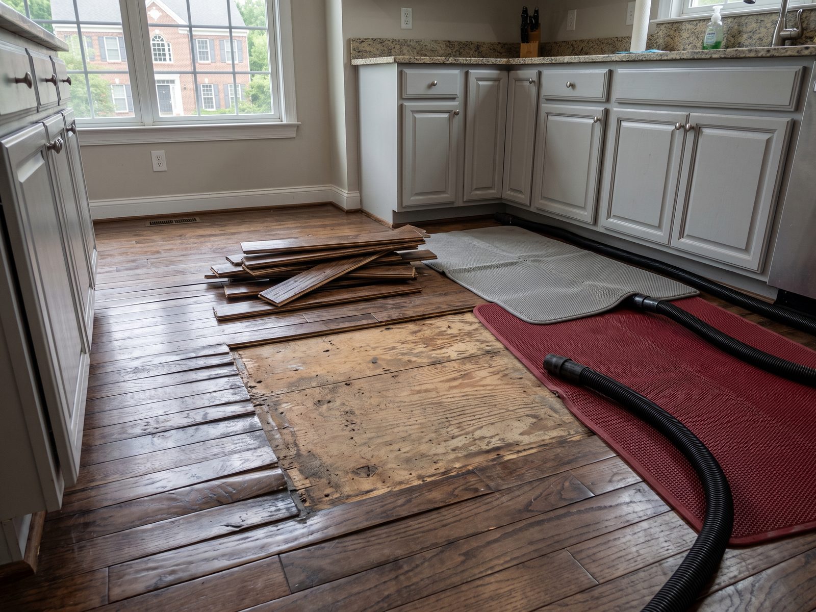 Hardwood lifted over a wet plywood subfloor Section of hardwood flooring lifted in a kitchen to expose a stained plywood subfloor, with drying mats laid on the adjacent floor and hoses connected.